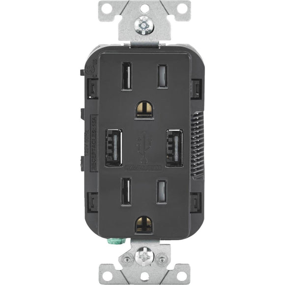 Leviton Decora 3.6A 5V Black 2-Port USB Charging Outlet with 5-15R Tamper Resistant Duplex Outlet