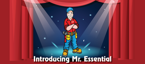 Illustration of Mr. Essential, a handyman mascot wearing a red shirt, blue pants, and a toolbelt, standing confidently on a spotlighted stage. Red curtains frame the scene, and the background features a dark blue starry night sky. Bold white text at the bottom reads: 'Introducing Mr. Essential.'