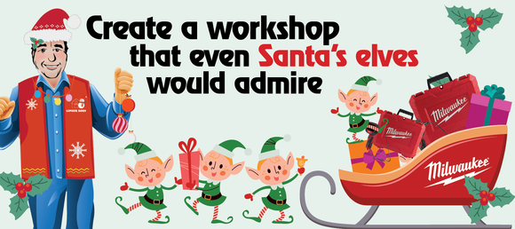 A festive illustration with a smiling person in a Santa hat and vest, surrounded by cheerful elves. They're carrying tools and gifts near a red sleigh with 